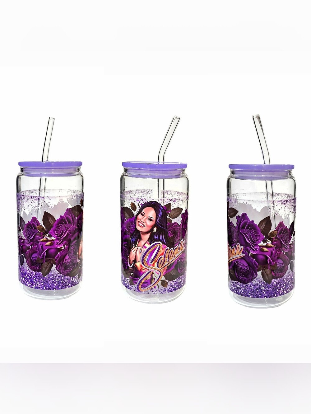 Selena Roses Glass Tumbler Cup 16oz Purple